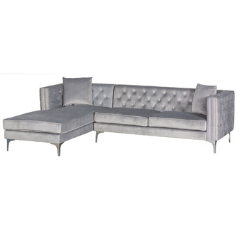 Sofá Seccional Melissa Terciopelo Azul Izquierdo con Otomana y Patas Cromadas