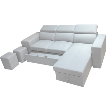 Sofá Seccional Reversible Milano Blanco con Cama Extraíble Almacenamiento Otomanas