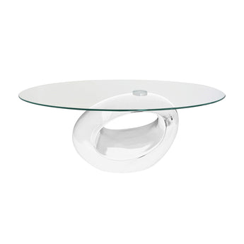 Mesa Centro Ovalada Moderna: Base Blanca Brillante, Vidrio Transparente Lujoso