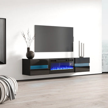 Mueble TV Flotante Metro Negro, Chimenea LED, Almacenamiento, Control Remoto